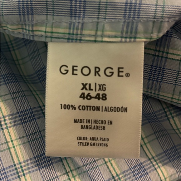 George Mens Sz XL 46-48 Long Sleeve Plaid Woven Blue White Green Button Down - Picture 7 of 8